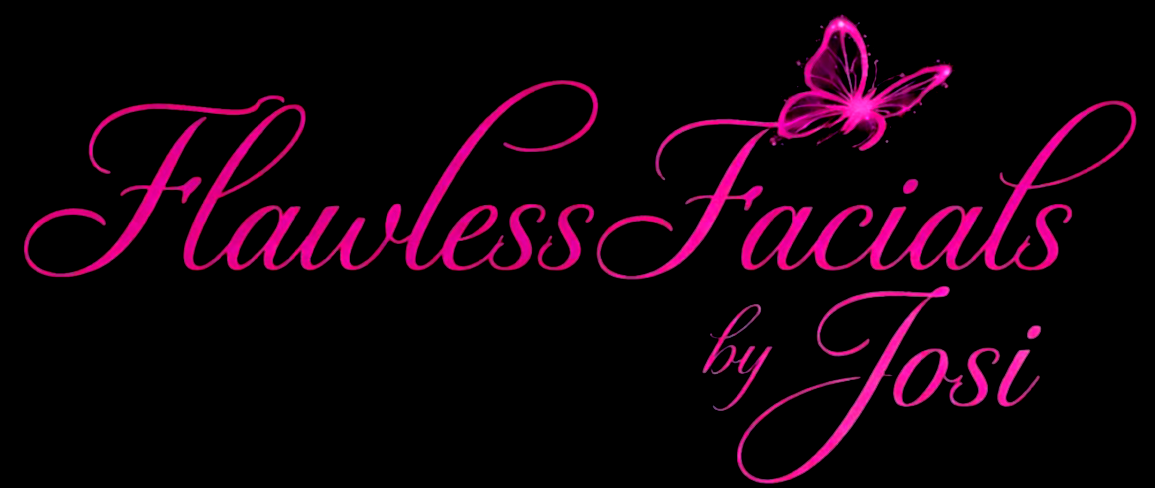 Pink script logo reading “Flawless Facials by Tosi” with a butterfly on a black background