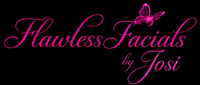 Pink script logo reading “Flawless Facials by Tosi” with a butterfly on a black background