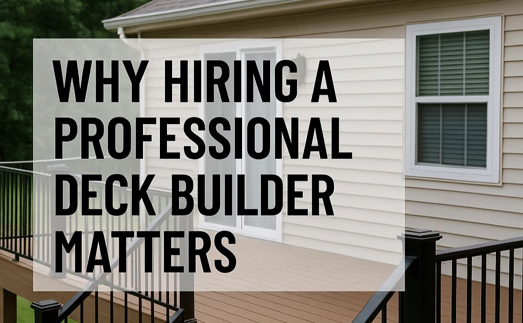 Text overlay: “WHY HIRING A PROFESSIONAL DECK BUILDER MATTERS” on a house deck exterior.