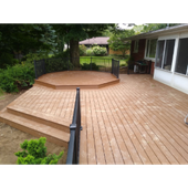 Wooden deck with an octagonal raised platform, black railing, and a house patio surrounded by greenery