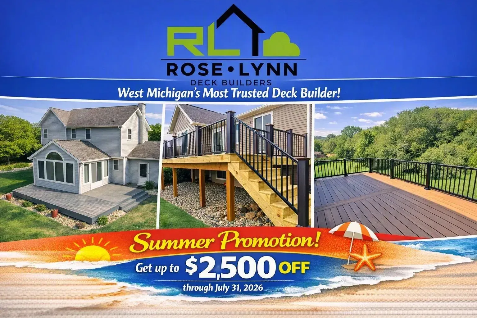 West Michigan deck builder ad with home, deck photos, and “Summer Promotion” $2,500 off banner