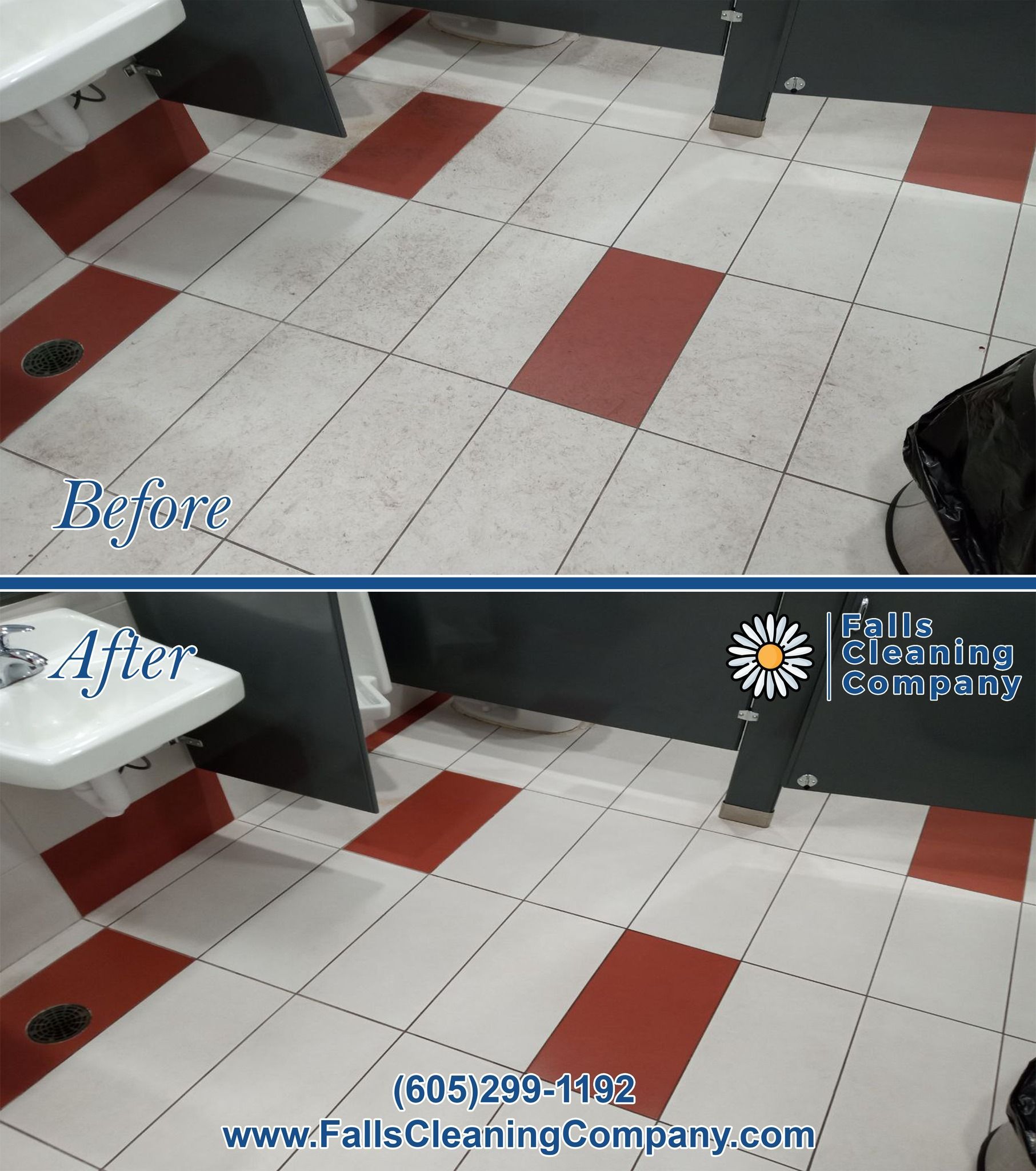 Before and After Photo of a Bathroom Floor With Red and White Tiles