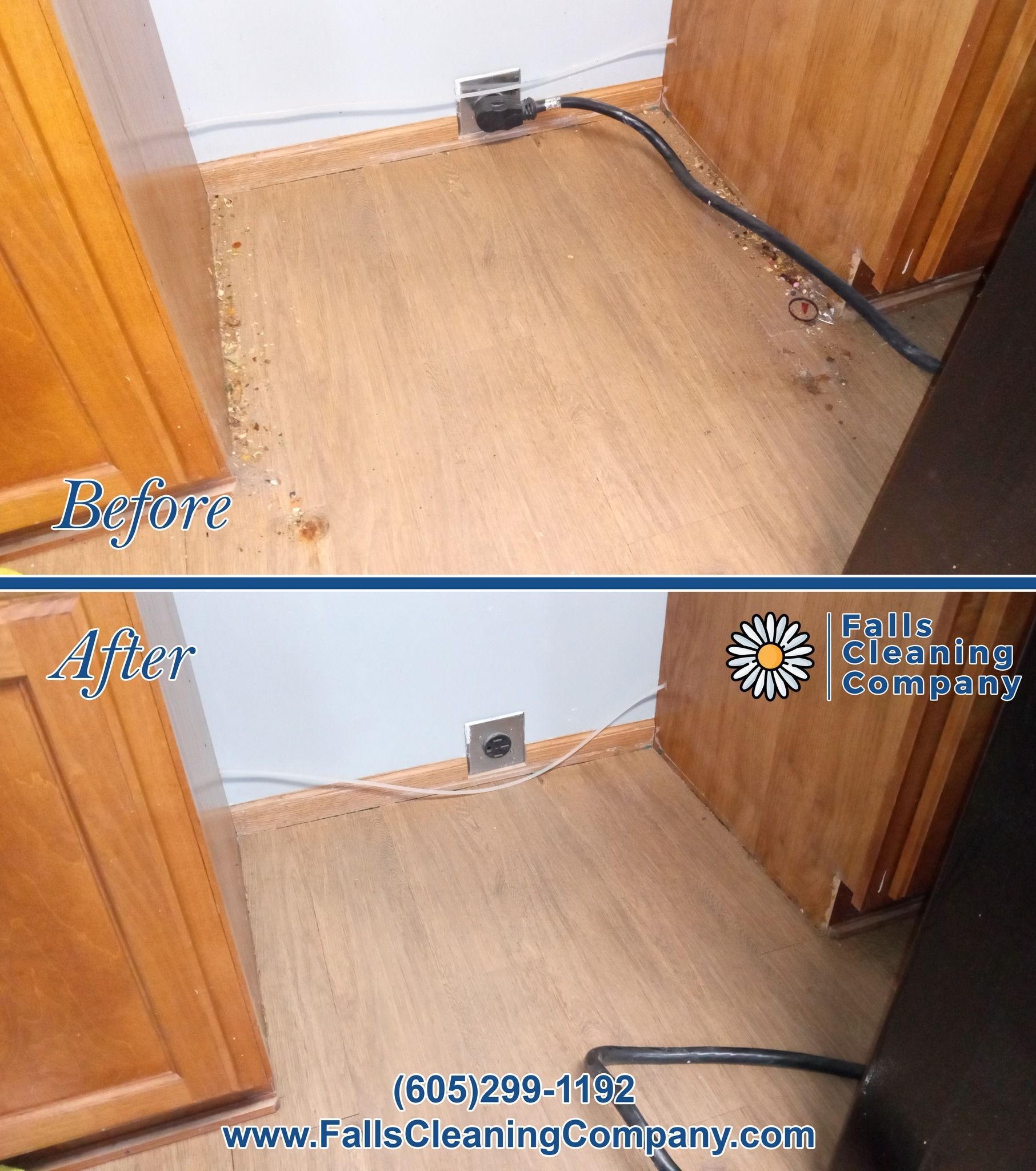 A Before and After Photo of a Wooden Floor in a Kitchen