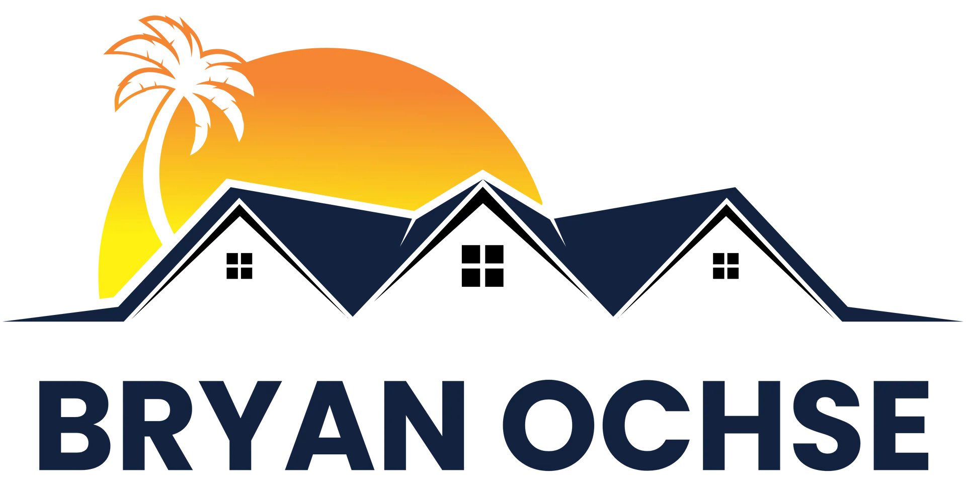 Bryan Ochse logo with navy rooftops, orange sunrise, and palm tree silhouette