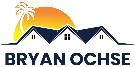 Bryan Ochse logo with stylized houses, sun, and palm tree in orange, navy, and white