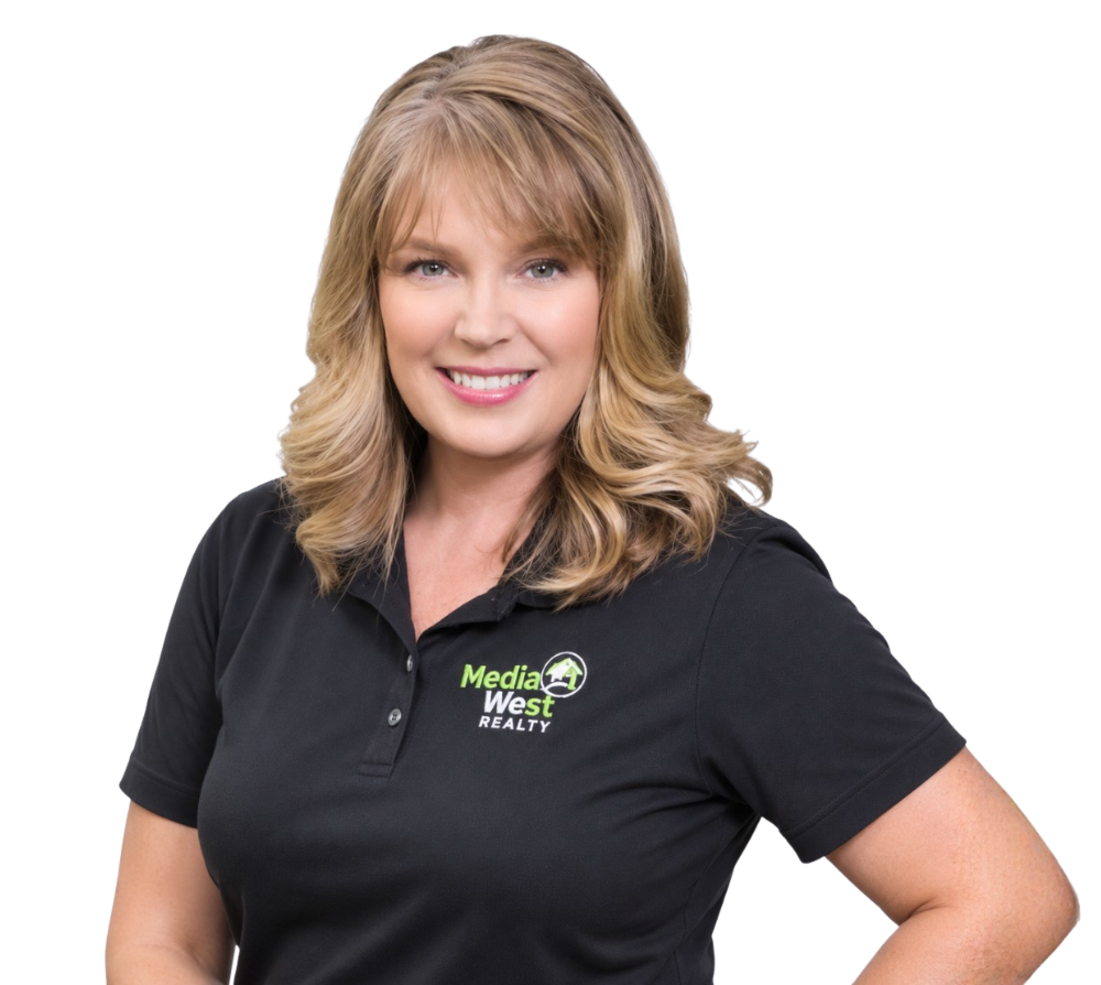 Smiling woman in a black polo shirt with a logo, posing against a white background