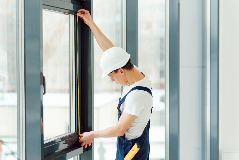 A worker wearing a white hard hat and blue coveralls uses a tape measure to measure a dark-framed window.