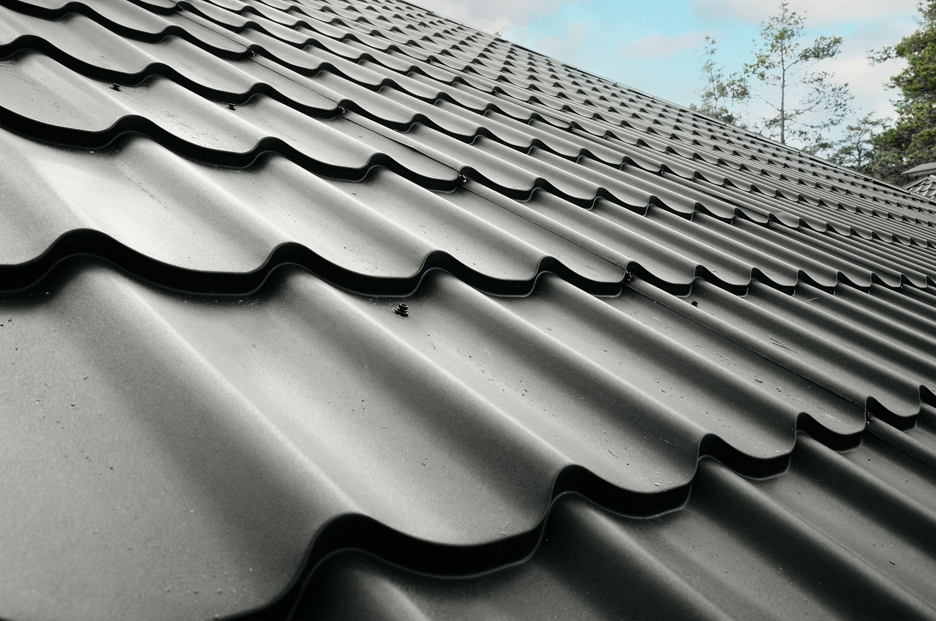 Black Metal Roof Tiles, Angled, in Daylight — FNQ Footprints Plumbing In Whitfield, QLD