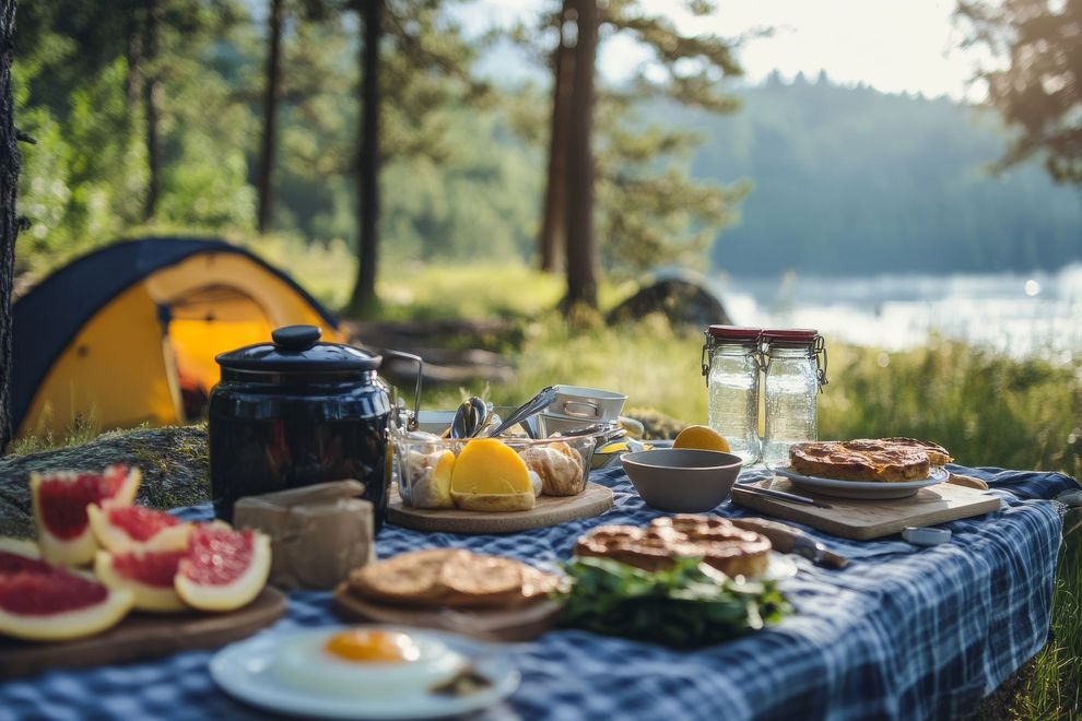 Picnic breakfast spread on a blanket by a lakeside campsite with a tent and trees in the background