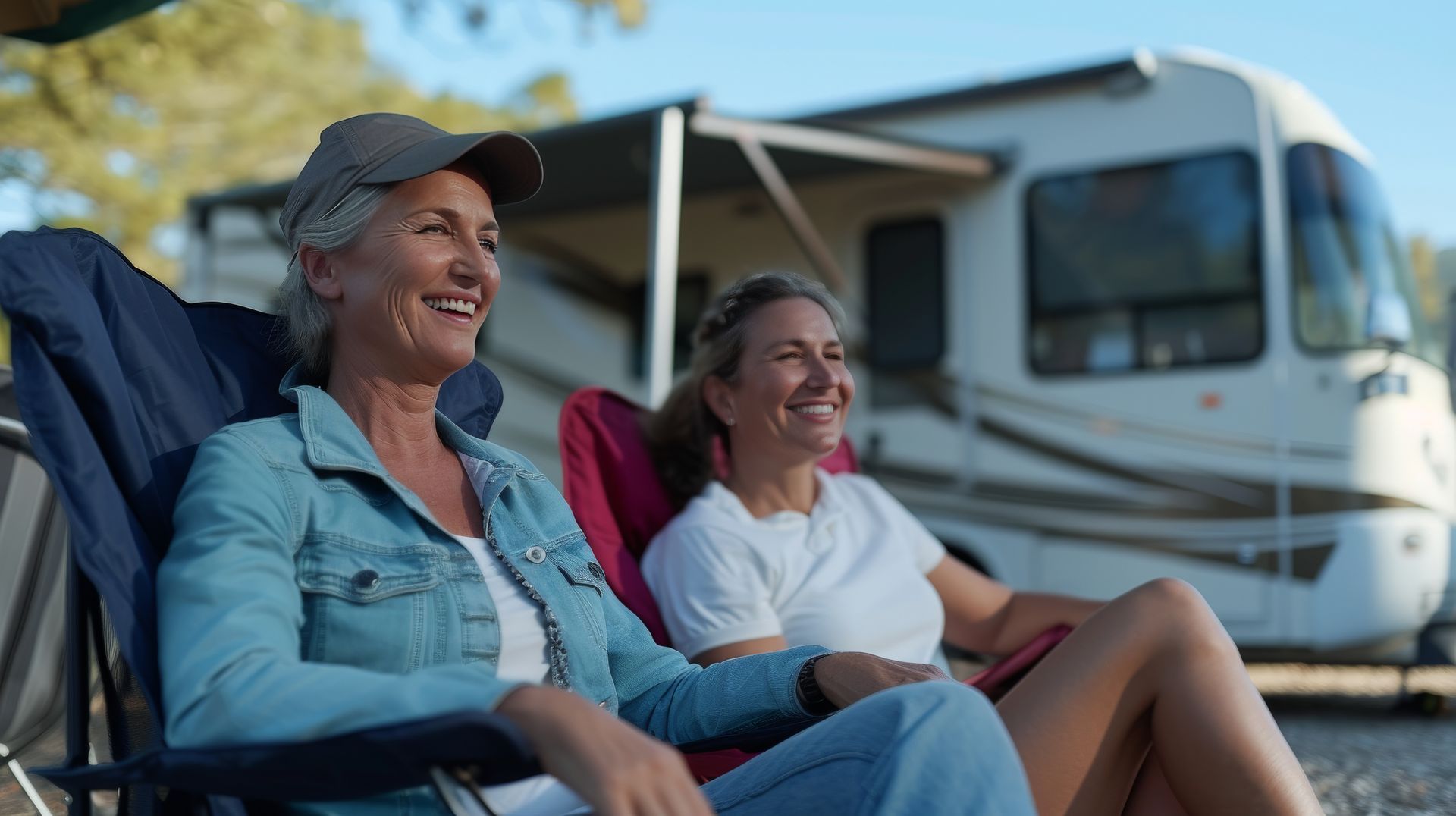 Two people sitting in camp chairs beside an RV, smiling outdoors in warm sunlight.