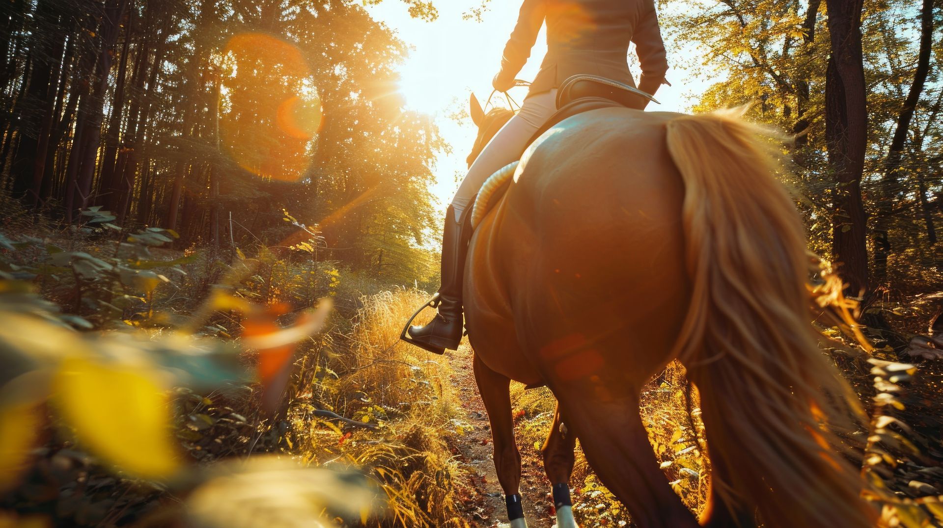 Rider on a horse in a sunlit forest, viewed from behind, with golden leaves and warm autumn light