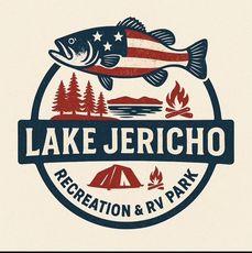 Lake Jericho Recreation & RV Park logo with fish, trees, tent, and campfire in red, white, and blue