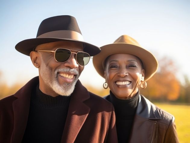 Two smiling people wearing hats and sunglasses outdoors in warm sunlight