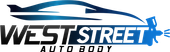 Logo for West Street Auto Body featuring a stylized car silhouette, a spray gun, and the company name.
