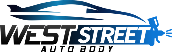 Logo for West Street Auto Body featuring a stylized car silhouette, a spray gun, and the company name.