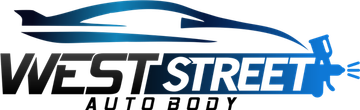 Logo for West Street Auto Body featuring a stylized car silhouette, a spray gun, and the company name.