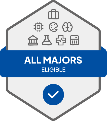 Badge with blue banner: 