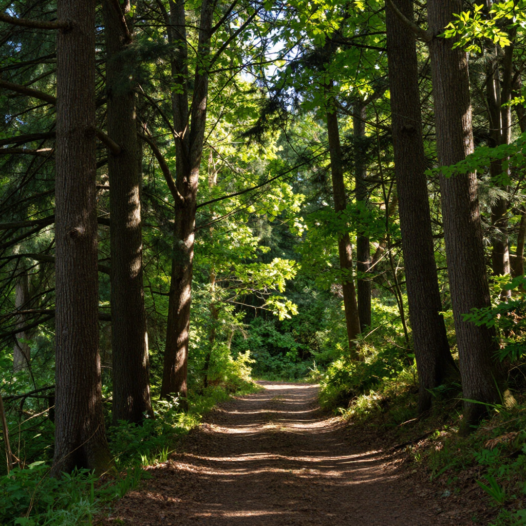 Sunlit forest path lined with tall trees and green foliage