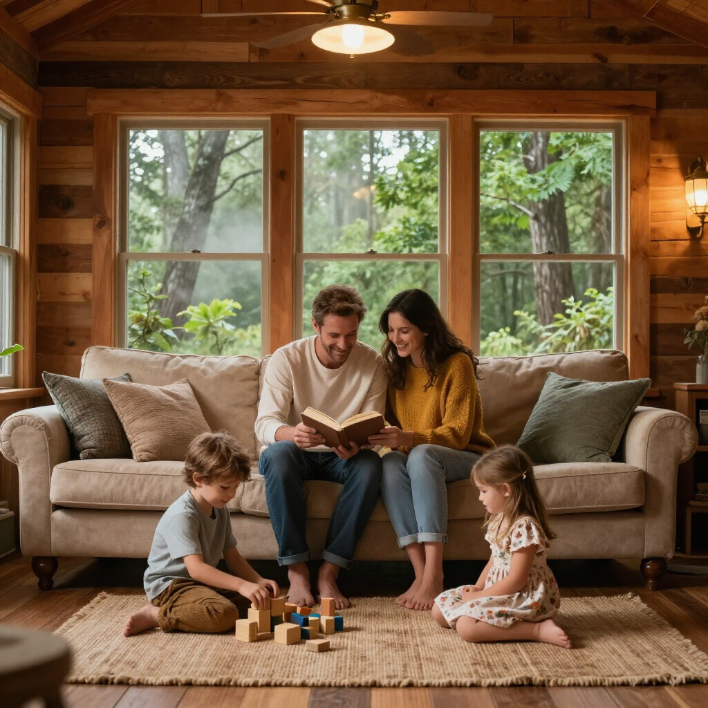 Family reading together on a couch in a cozy wood-paneled cabin while two children play on the rug