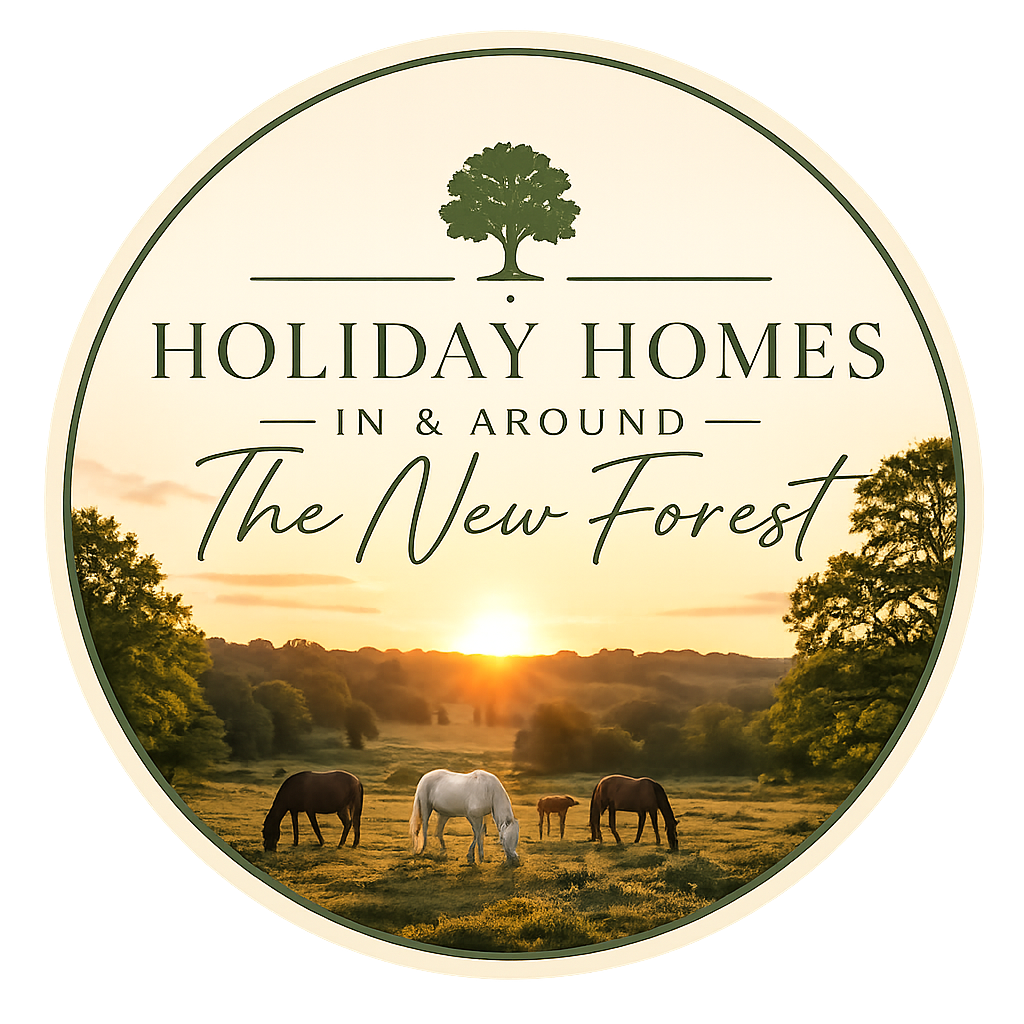 Logo for New Forest & Coastal Stays with pine trees, waves, birds, and a sun circle