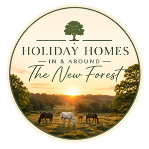 Logo for New Forest & Coastal Stays with pine trees, waves, birds, and a sun circle