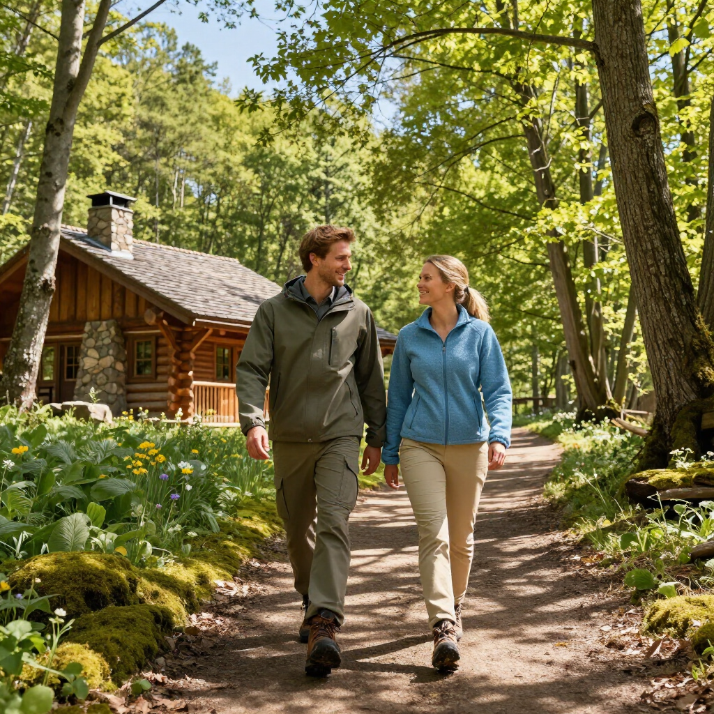 Couple walking on a forest trail beside a rustic cabin in a sunny woodland garden
