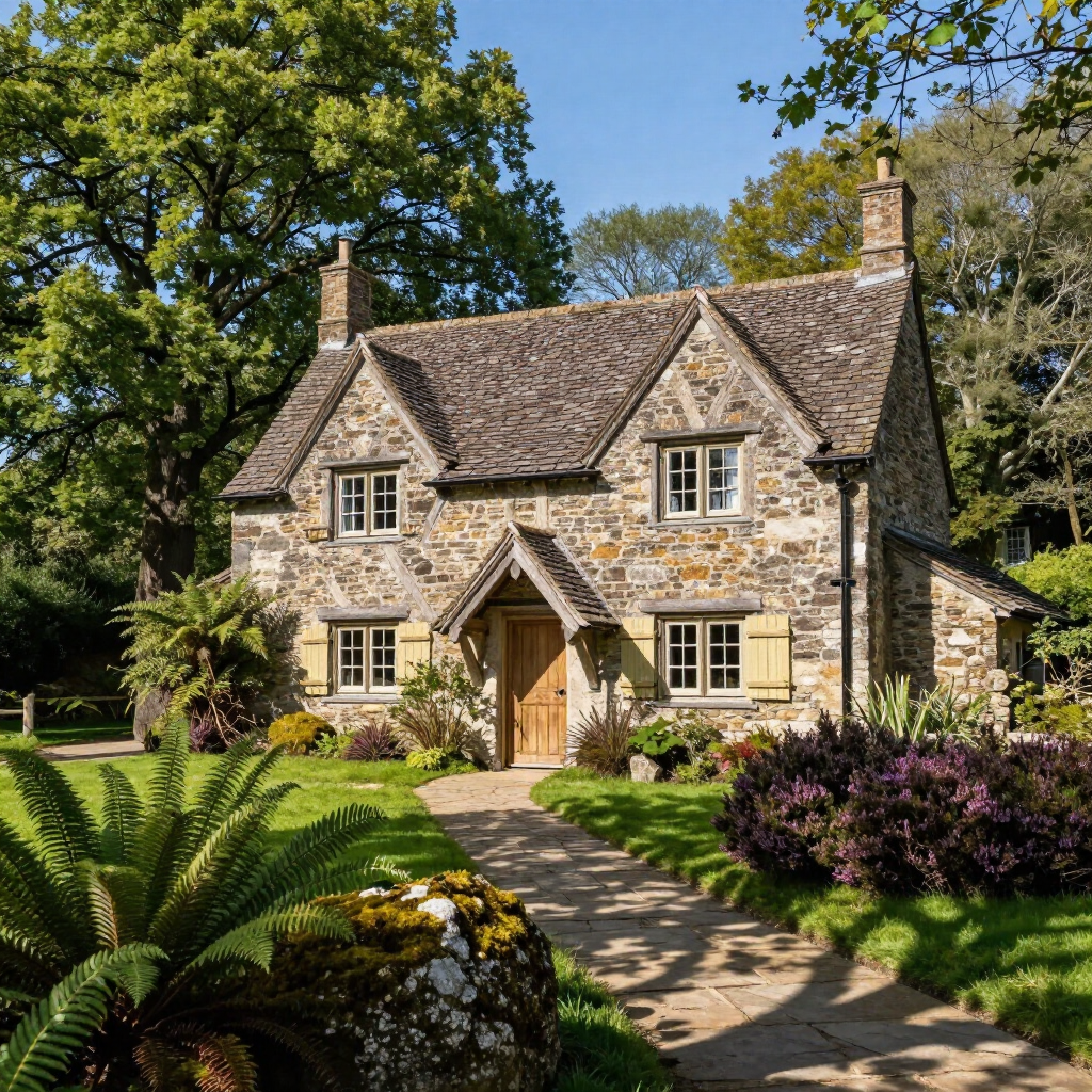 Stone cottage with a thatched roof, front garden path, and lush green landscaping in sunny weather
