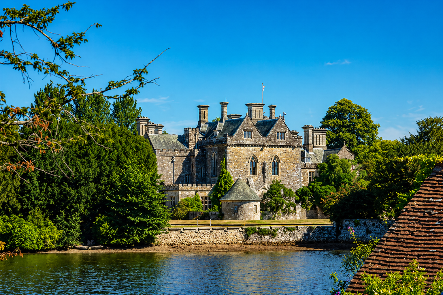 Stone manor house across a calm river, framed by green trees under a bright blue sky