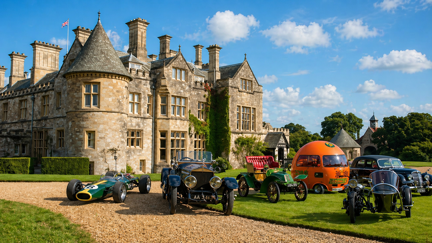 Classic stone castle with colorful vintage cars parked on a lawn under a blue sky.