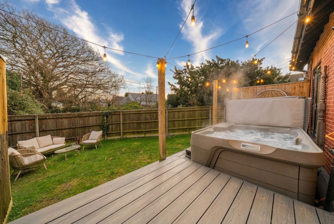 Backyard deck with hot tub, string lights, lounge chairs, and fenced lawn at dusk