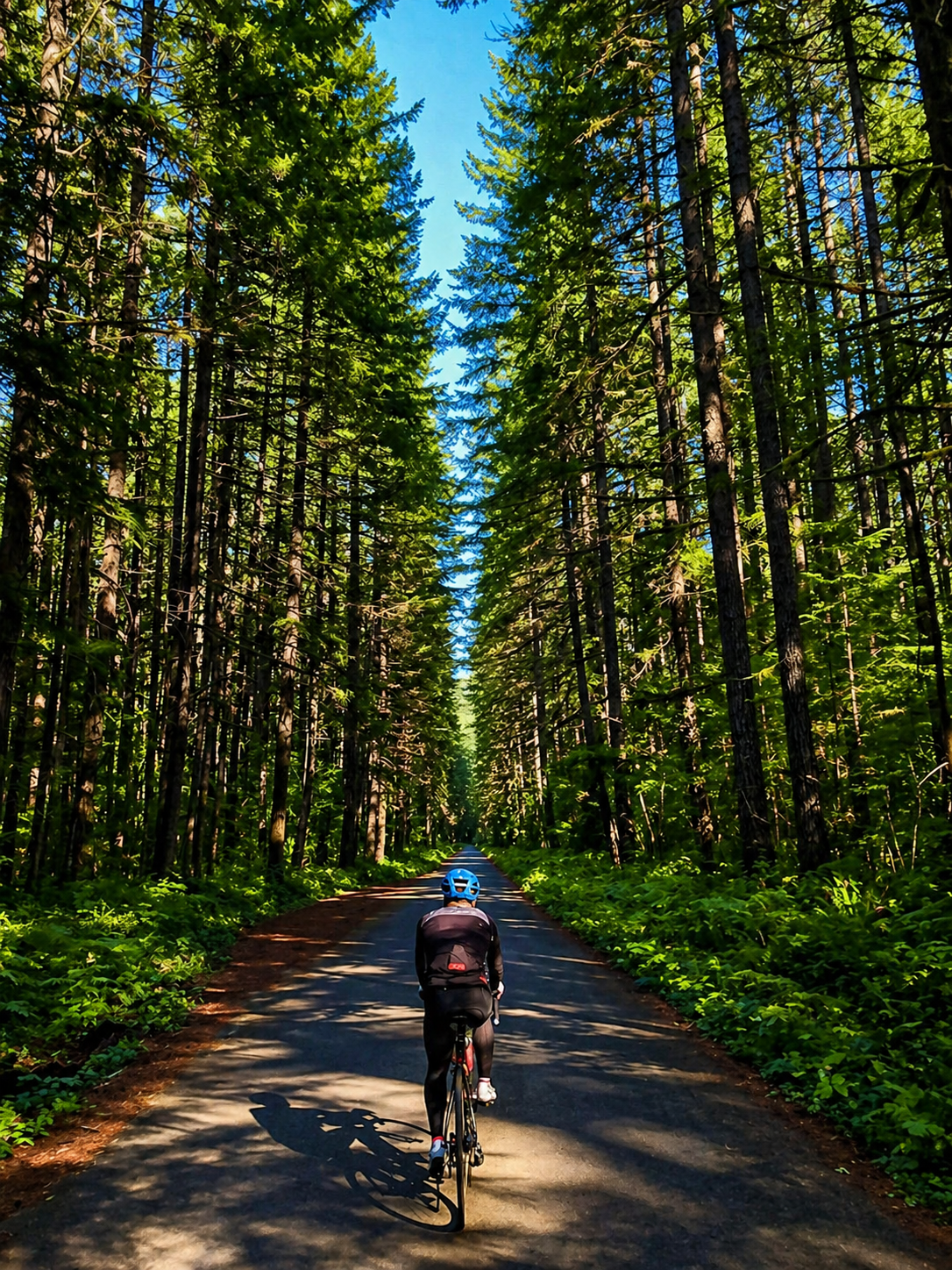 Cyclist riding on a sunlit forest road lined with tall evergreen trees