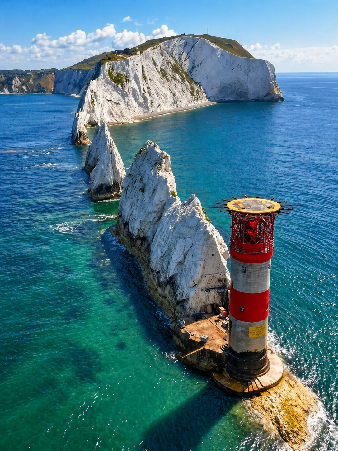 White chalk sea stack and red-striped lighthouse above clear turquoise water under a blue sky