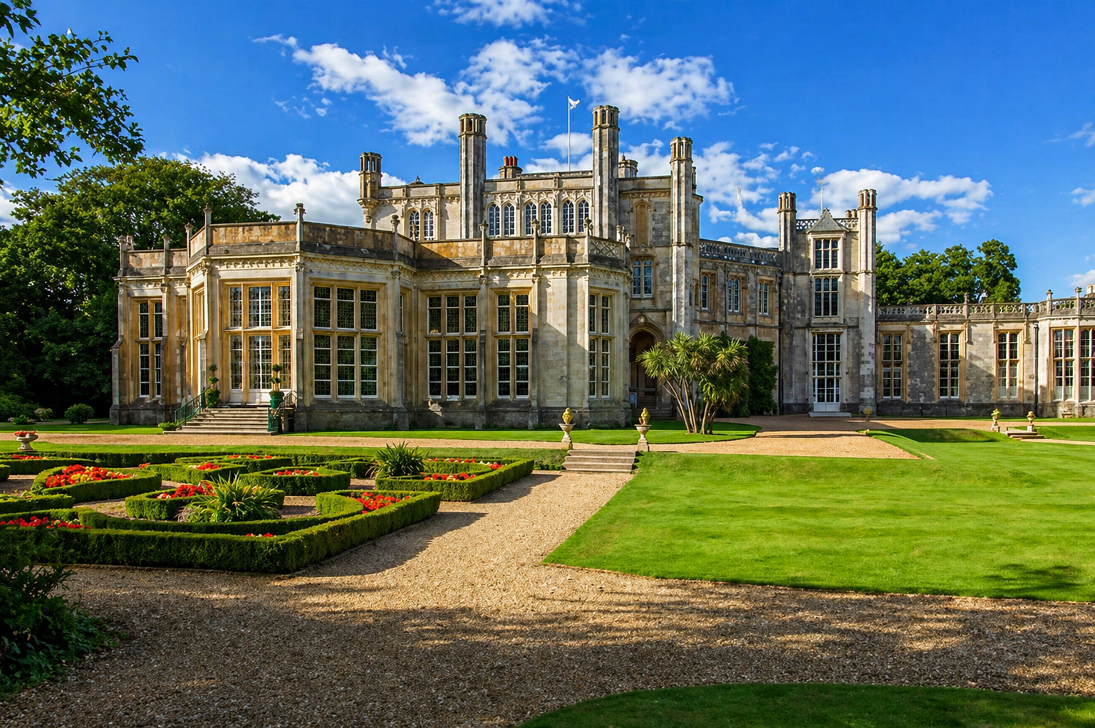 Historic stone manor with tall windows, surrounded by gardens and a gravel path under a blue sky