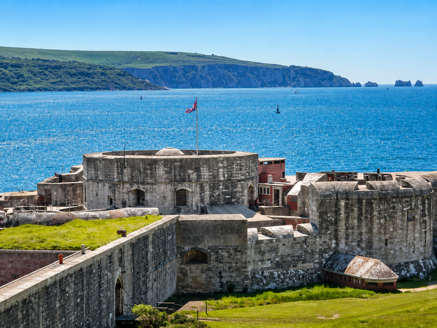 Stone fortress by bright blue sea with red flag and distant green coastline