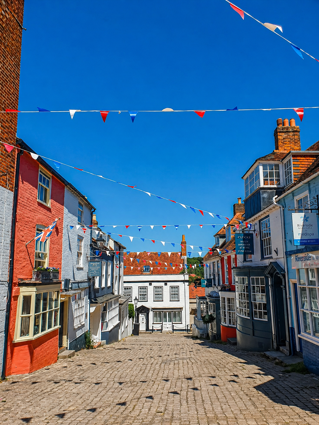 Colorful cobblestone street with bunting, lined by houses under a bright blue sky.