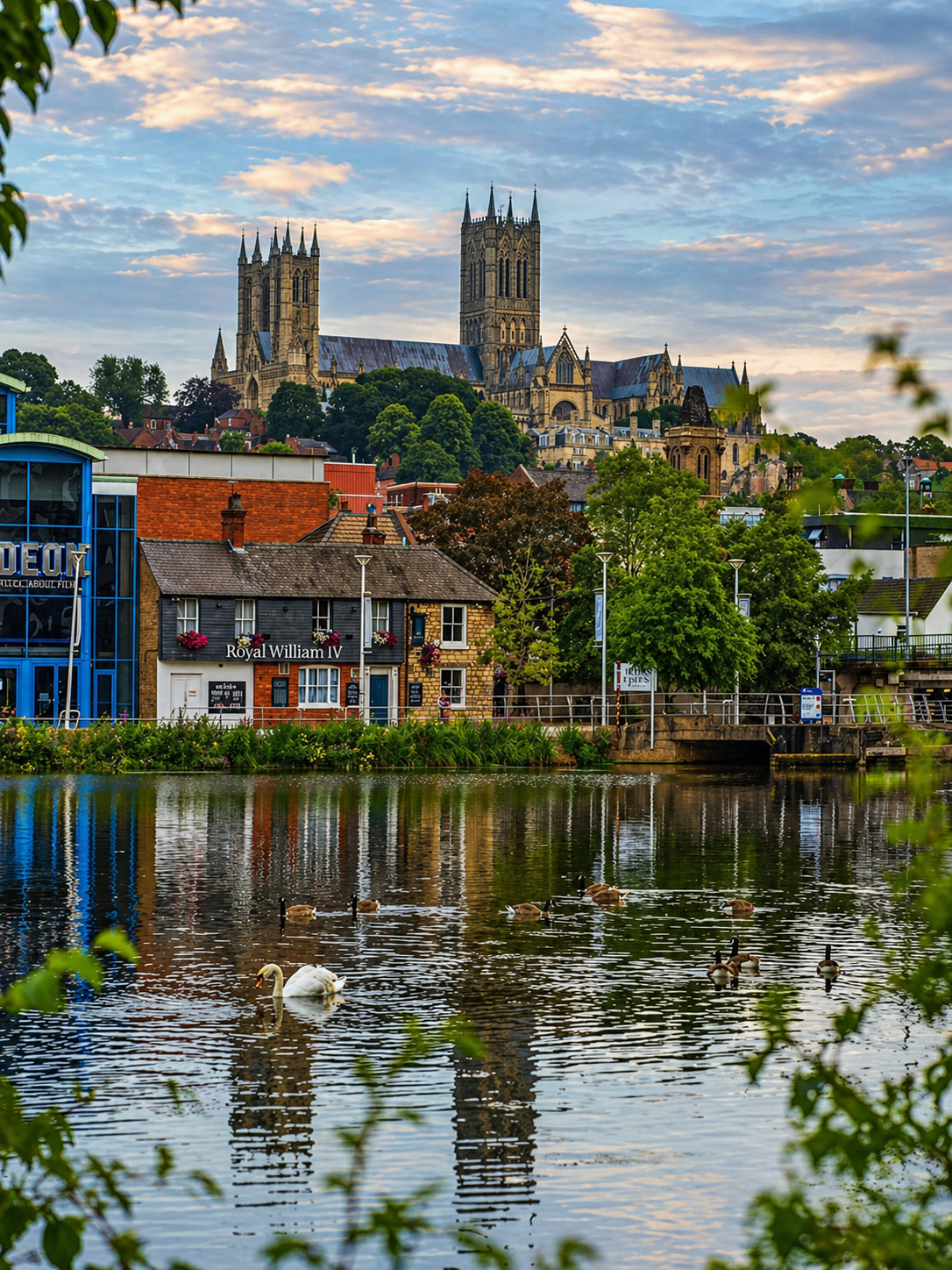 Cathedral and riverside town reflected in calm water under a partly cloudy sky