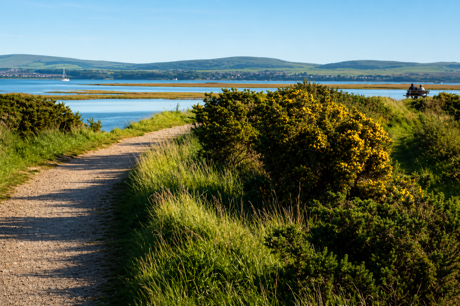 Sunlit dirt path beside a lake, with green shrubs and distant hills under a clear blue sky