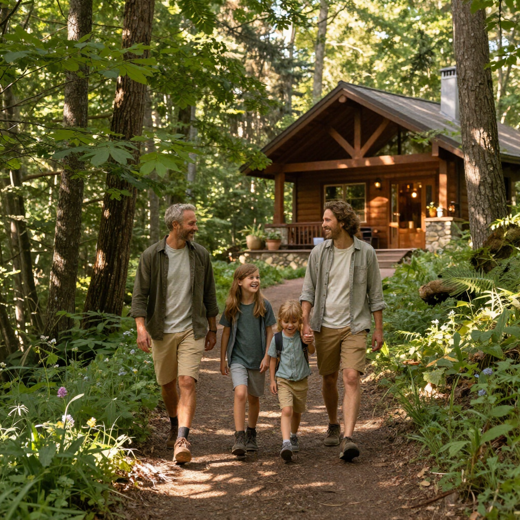Family walking on a forest path toward a cozy cabin in a wooded retreat