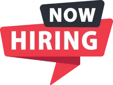 A red sign that says `` now hiring '' on a white background.