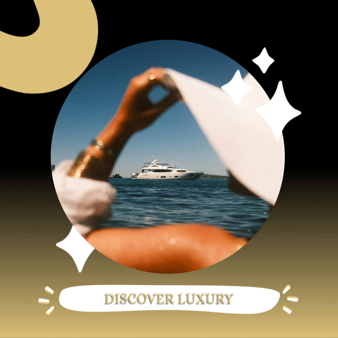 Luxury yacht on blue sea framed by a hand, with “Discover Luxury” text below