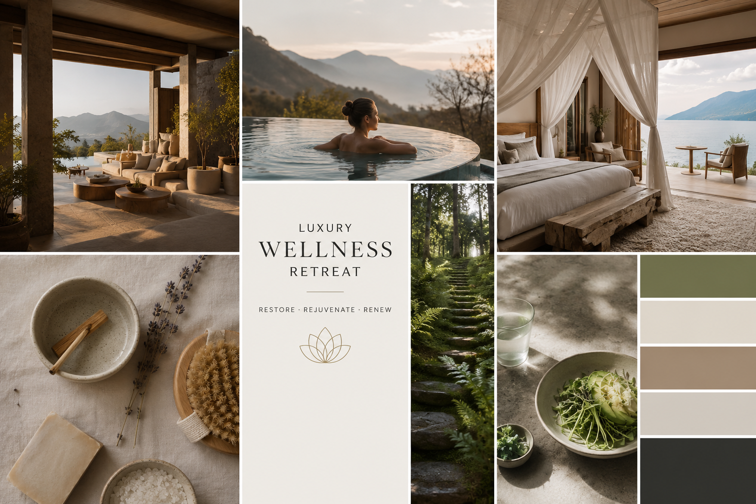 Luxury wellness collage with spa pool, serene interiors, natural textures, and earthy green-beige color palette