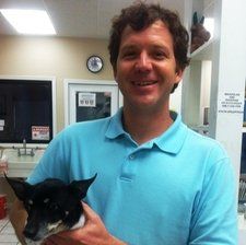 Man in blue shirt holds a small black and white dog. They are inside a building.