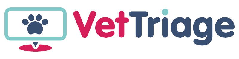 Logo for VetTriage, showing a paw print inside a computer screen, with the company name in red and blue.