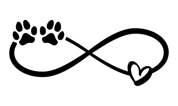 Two paw prints and heart inside an infinity symbol.