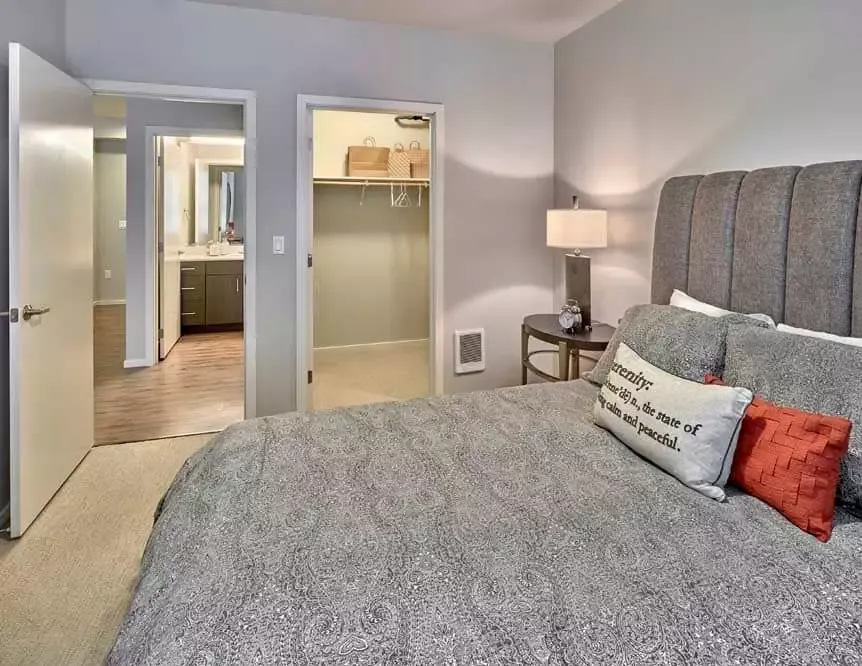 A bedroom with a large bed and a walk in closet