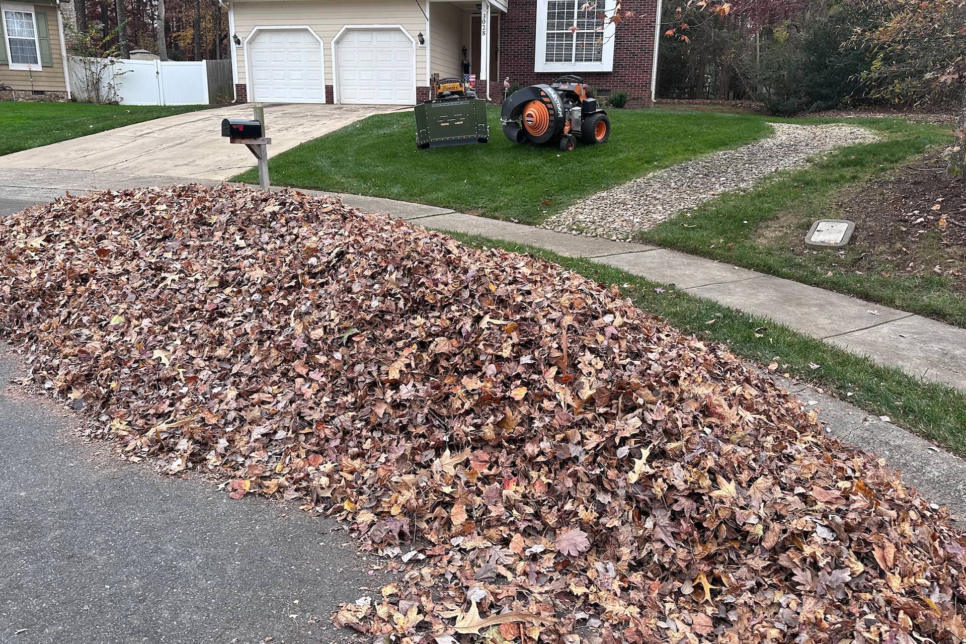 Large pile of brown leaves on a street in front of a house, with a lawn mower in the background.