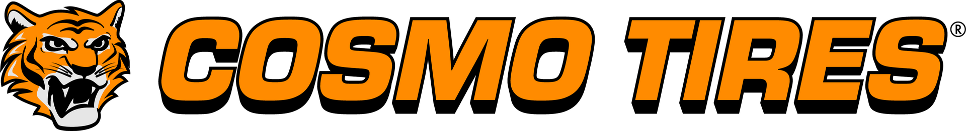 COSMO TIRES logo with a tiger head icon in orange and black on a white background