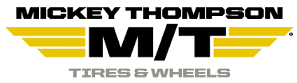 Mickey Thompson M/T Tires & Wheels logo with black, yellow, and gray text and wing design
