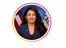 A woman is standing in front of a california flag