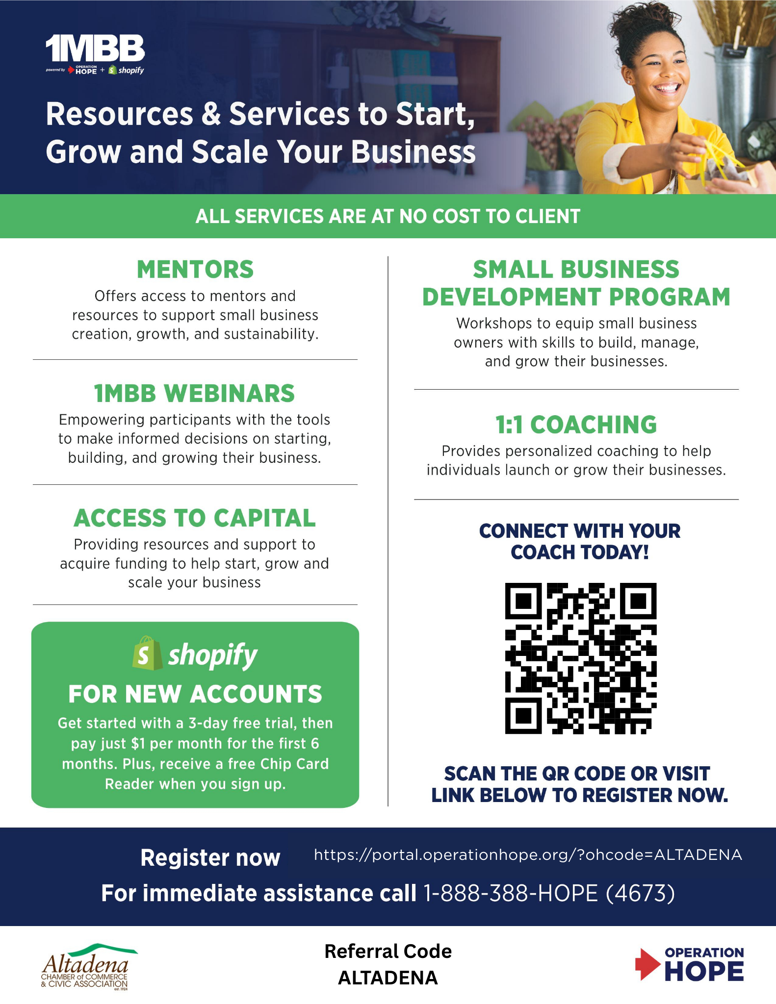 Flyer for 1MBB business resources featuring a QR code, contact information, and service descriptions for entrepreneurs.